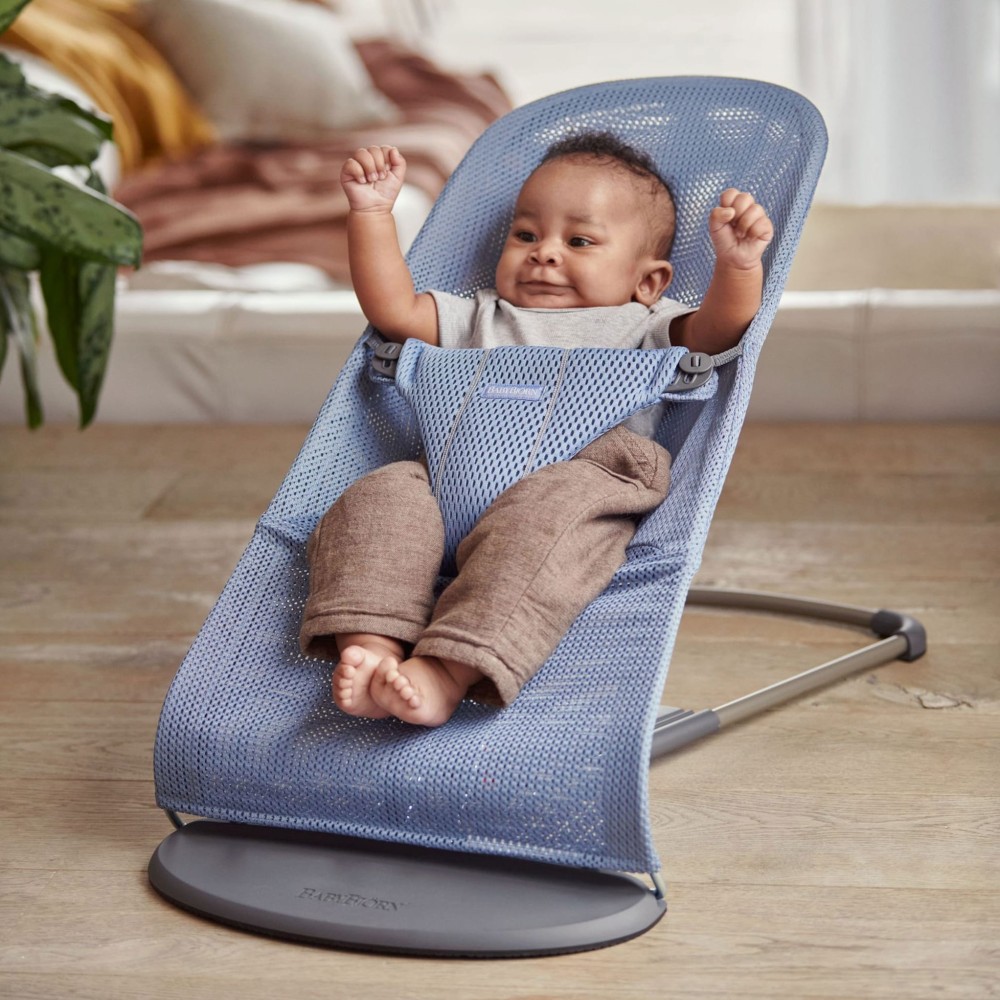 BabyBjorn Bliss - leżaczek i fotelik z tkaniny mesh dla dzieci (0 - 2 lata, 3.5 - 13 kg) •  Slate Blue / Dark Grey Frame