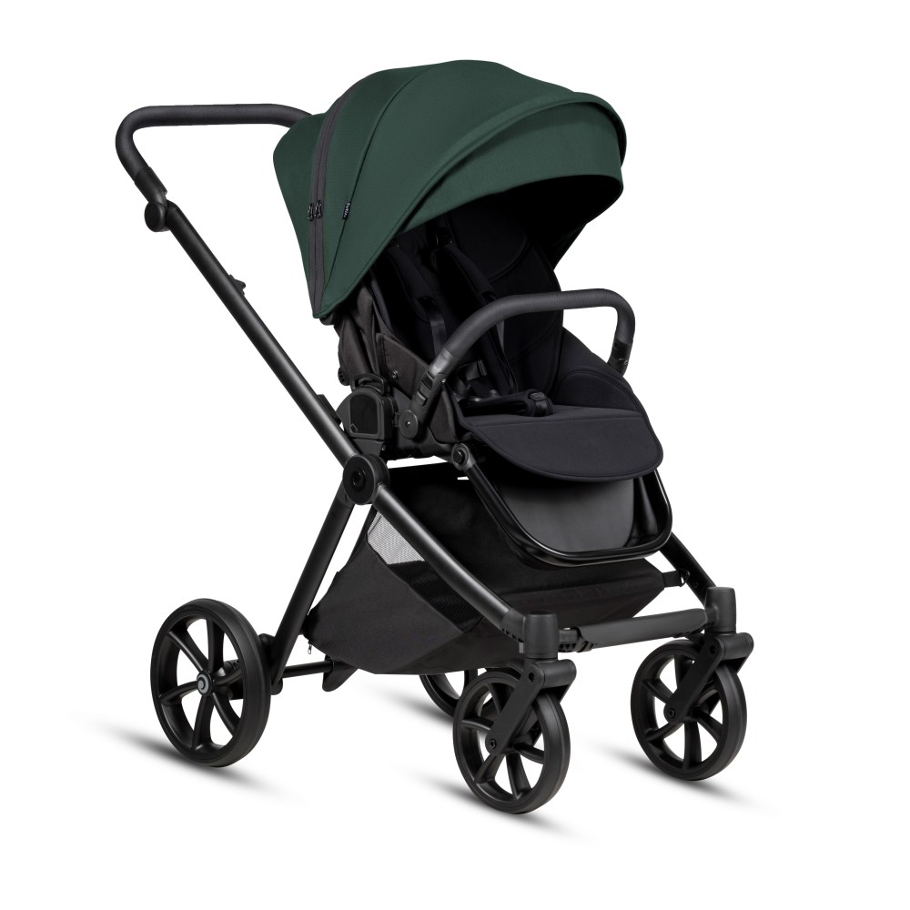 Tutis Mio 3+ - lekki wózek dziecięcy 2w1 (gondola z wkładką termiczną, materac dwustronny lato-zima, pokrowiec z włókna bambusowego, ilustracje wewnątrz budki, terenowe koła) • Essential Pacific Green