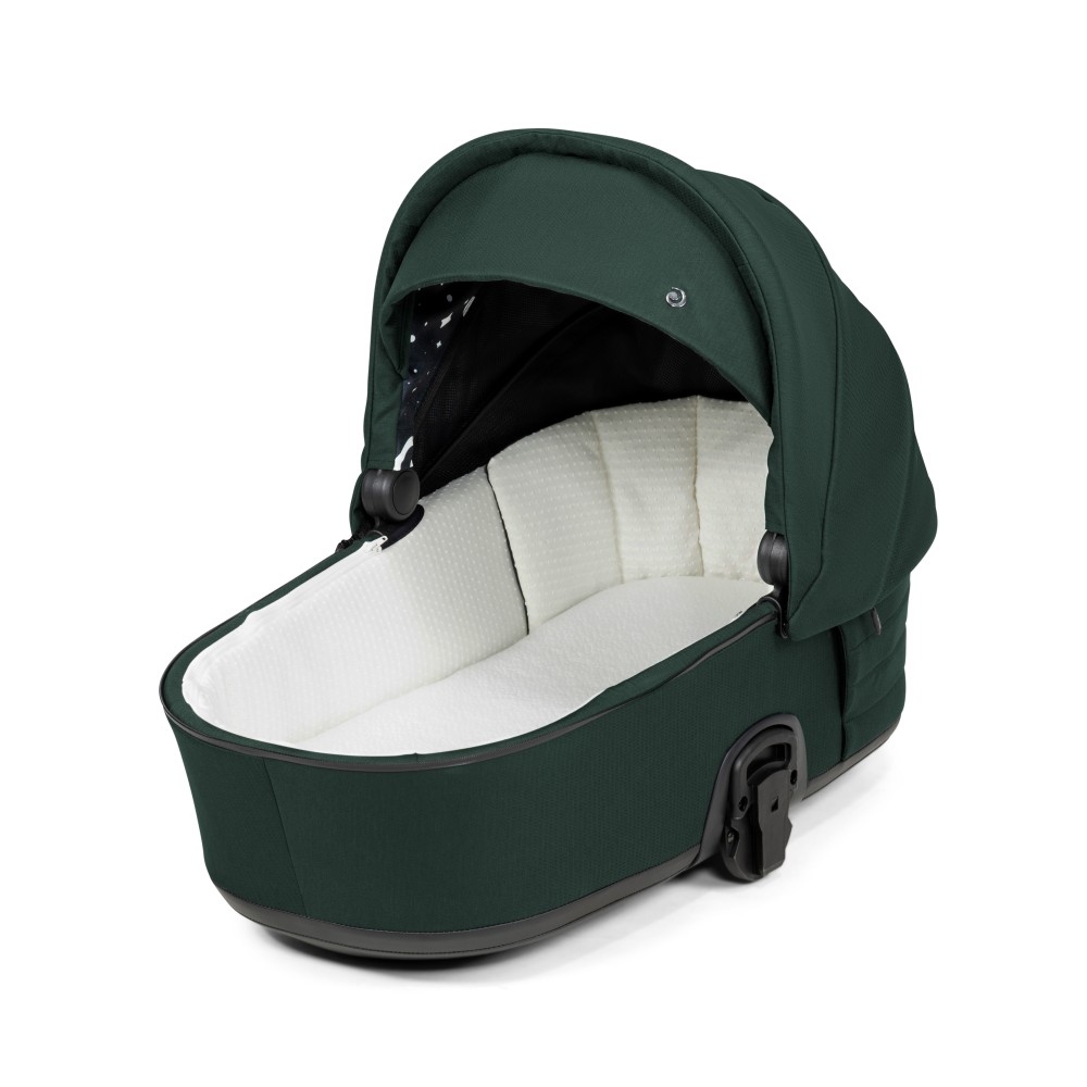 Tutis Mio 3+ - lekki wózek dziecięcy 2w1 (gondola z wkładką termiczną, materac dwustronny lato-zima, pokrowiec z włókna bambusowego, ilustracje wewnątrz budki, terenowe koła) • Essential Pacific Green