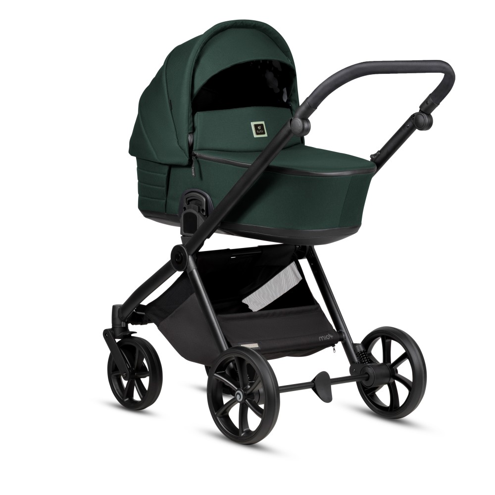 Tutis Mio 3+ - lekki wózek dziecięcy 2w1 (gondola z wkładką termiczną, materac dwustronny lato-zima, pokrowiec z włókna bambusowego, ilustracje wewnątrz budki, terenowe koła) • Essential Pacific Green