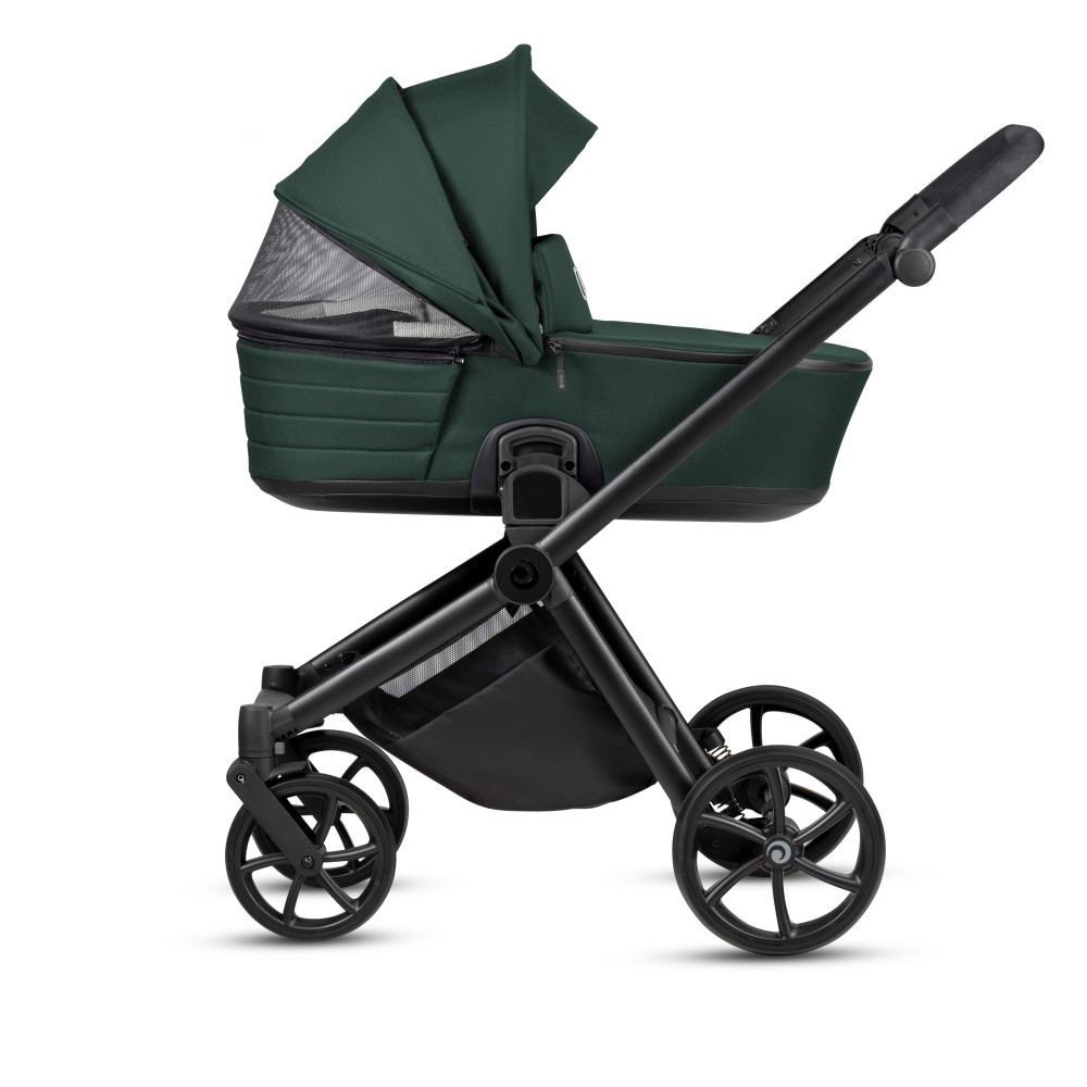 Tutis Mio 3+ - lekki wózek dziecięcy 2w1 (gondola z wkładką termiczną, materac dwustronny lato-zima, pokrowiec z włókna bambusowego, ilustracje wewnątrz budki, terenowe koła) • Essential Pacific Green