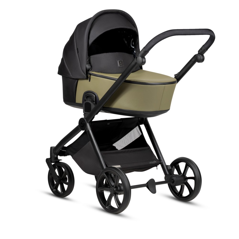 Tutis Mio 3+ - lekki wózek dziecięcy 2w1 (gondola z wkładką termiczną, materac dwustronny lato-zima, pokrowiec z włókna bambusowego, ilustracje wewnątrz budki, terenowe koła) • Leather Olive