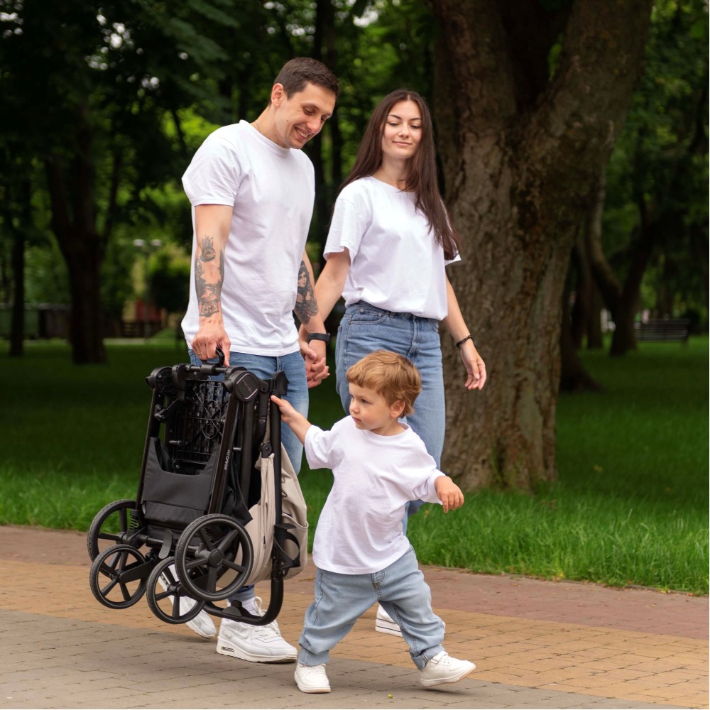 Carrello Bravo Lite CRL-5529 - wózek spacerowy całoroczny, spacerówka z dużymi kołami, z lampką LED, teleskopowa regulacja rączki, łatwe składanie • Bamboo Green