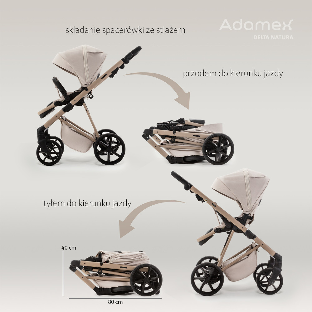 Adamex Delta Natura - wózek wielofunkcyjny 2w1, składania gondoli na płasko, siedzisko składa się razem ze stelażem w obu kierunkach jazdy • Camel (DN-5) Adamex Delta Natura - wózek wielofunkcyjny 2w1, składania gondoli na płasko, siedzisko składa się razem ze stelażem w obu kierunkach jazdy • Camel (DN-5)