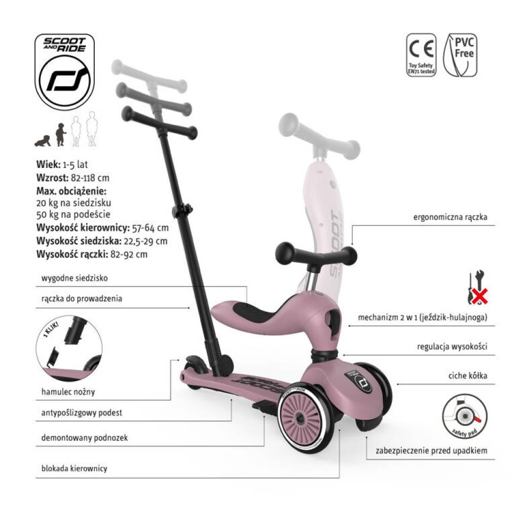 SCOOTANDRIDE Highwaykick 1 Push and Go - дитячий самокат з сидінням та регульованою батьківською ручкою для штовхання (1-5 років/82-118 см) • Wildberry