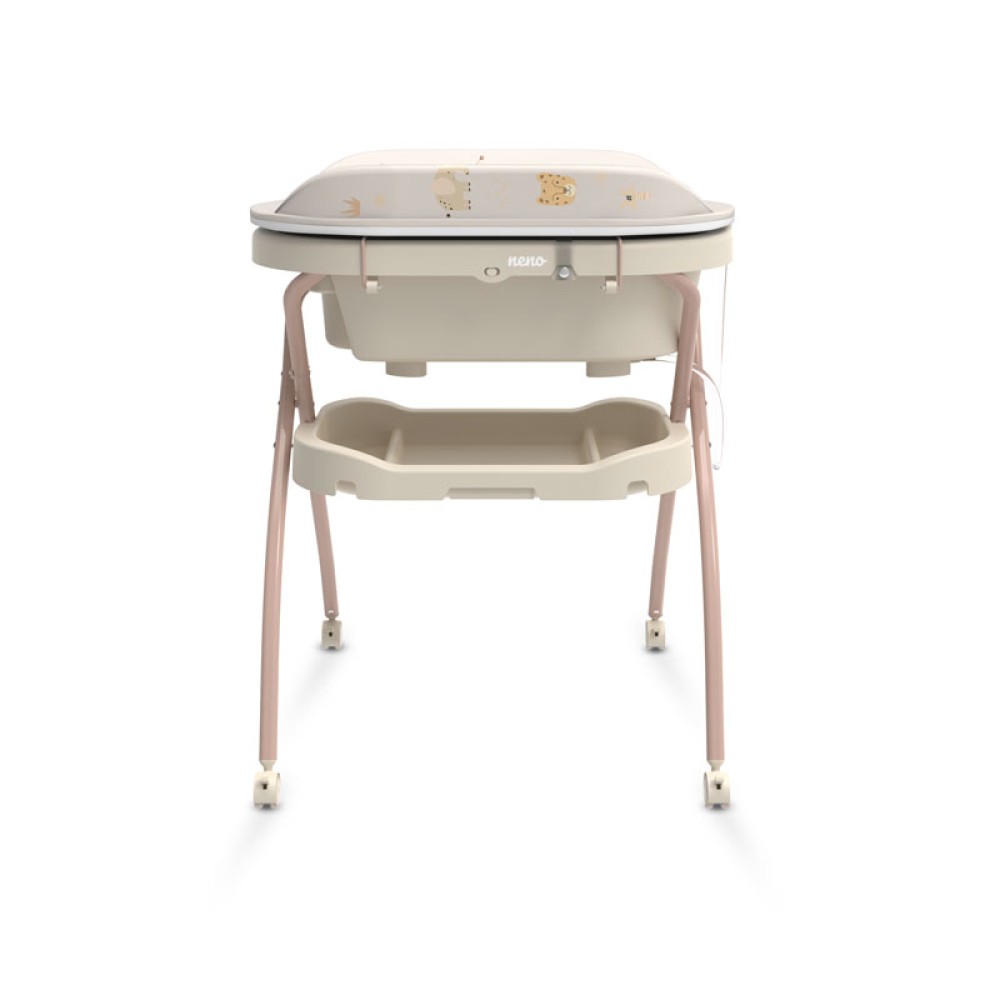 Neno Breza - wanienka ze stelażem i przewijakiem 2w1 dla dzieci do 15 kg, łatwe składanie, 4 kółka z blokadą • Beżowy