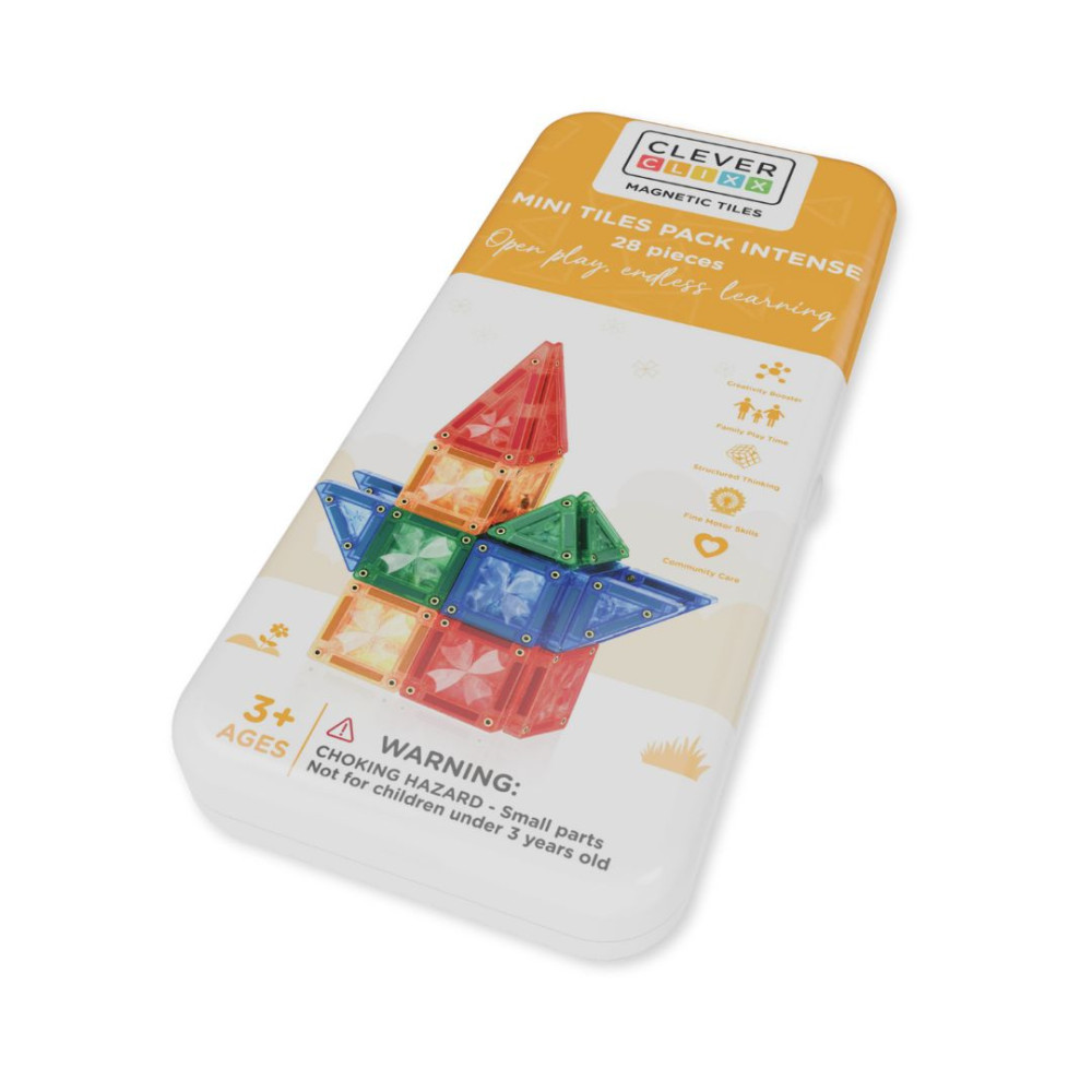 Cleverclixx Klocki magnetyczne – zestaw magnetycznych kafelków Mini Tiles Pack Intense 28 el., Od 3 lat
