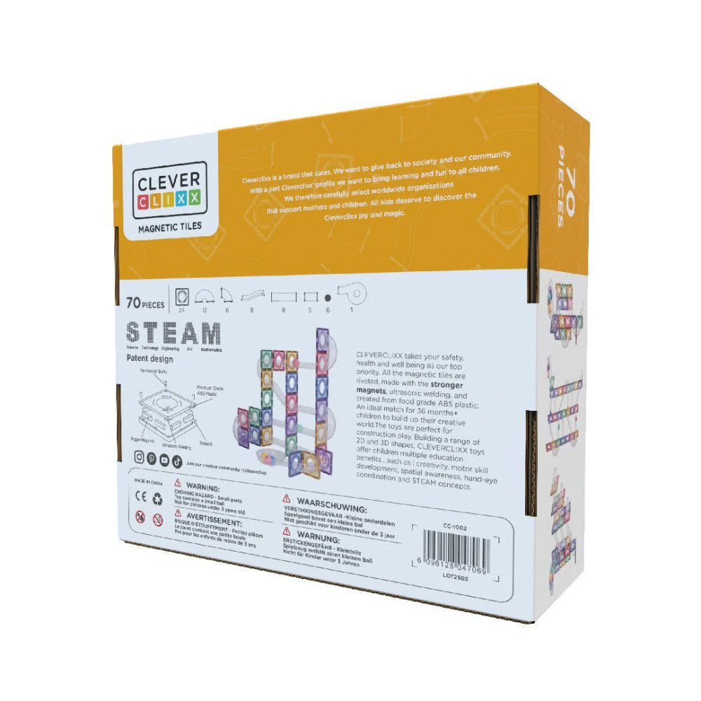 Cleverclixx Klocki magnetyczne – zestaw Ball Run Creative Pack Pastel - 70 el., Od 3 lat