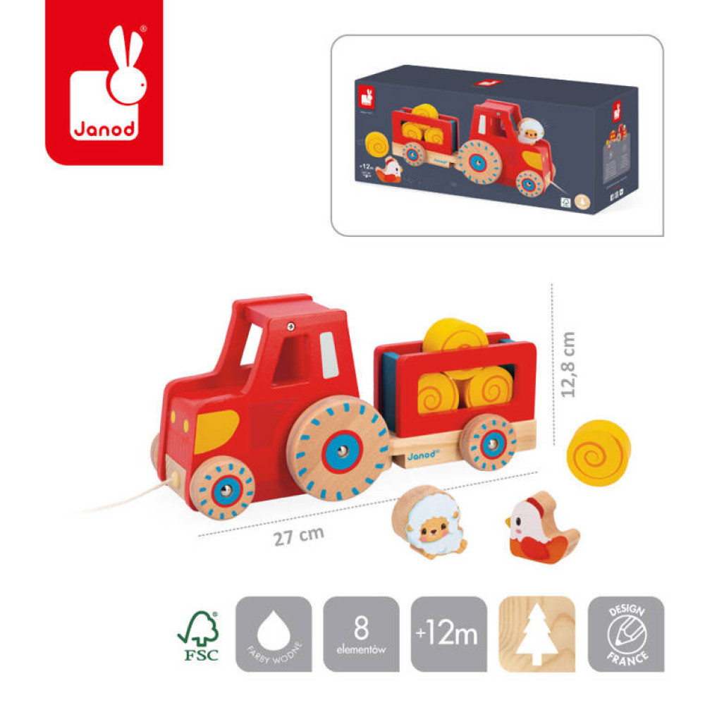 Janod – Drewniany traktor do ciągnięcia Farma 12 m+ Janod – Drewniany traktor do ciągnięcia Farma 12 m+