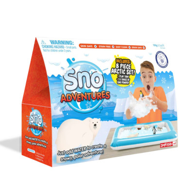 Zimpli Kids – Sztuczny śnieg w proszku zestaw do tworzenia śniegu z figurkami zwierząt i nadmuchiwaną tacą Sno World Arctic Adventure 5 użyć 3+