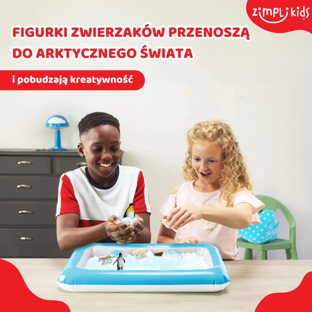 Zimpli Kids – Sztuczny śnieg w proszku zestaw do tworzenia śniegu z figurkami zwierząt i nadmuchiwaną tacą Sno World Arctic Adventure 5 użyć 3+