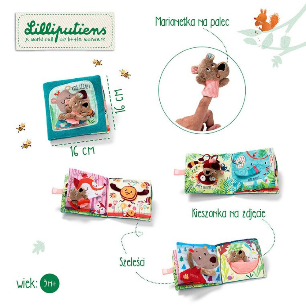 Lilliputiens – Książeczka z mini-pacynką na palec wielofunkcyjna "Buziaki dla Cezara" Niedźwiadek Cesar 12 m + Lilliputiens – Książeczka z mini-pacynką na palec wielofunkcyjna "Buziaki dla Cezara" Niedźwiadek Cesar 12 m +