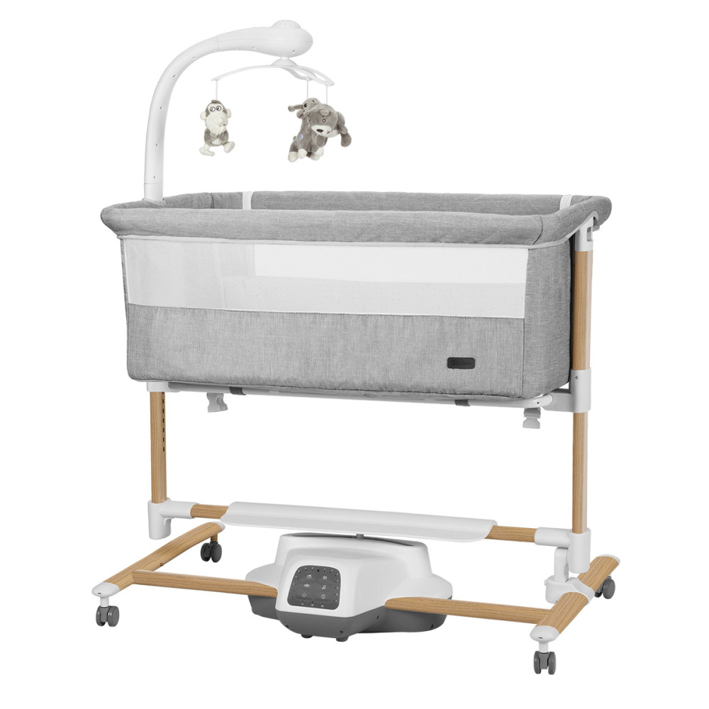 Carrello Bloom CRL-10304 - приставне дитяче ліжечко 3в1 з електронною системою заколисування,  регулювання за висотою, пульт ДК, антимоскітна сітка, електронний мобіль з іграшками • Anchor Grey Wooden