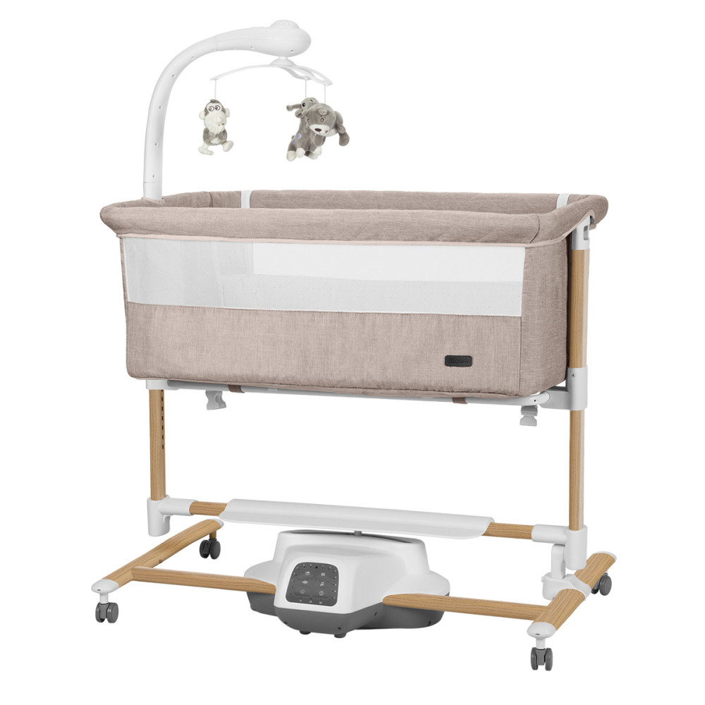 Carrello Bloom CRL-10304 - приставне дитяче ліжечко 3в1 з електронною системою заколисування,  регулювання за висотою, пульт ДК, антимоскітна сітка, електронний мобіль з іграшками • Cream Beige Wooden