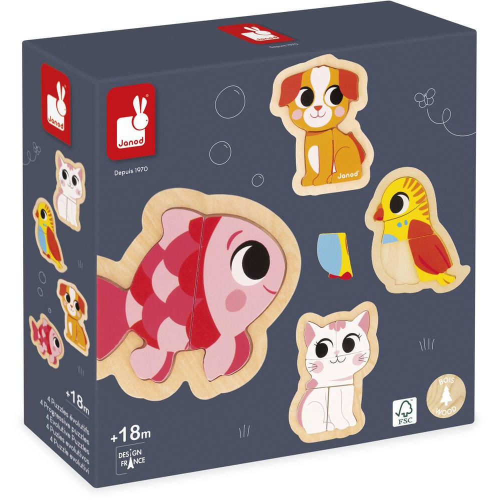 Janod - puzzle progresywne drewniane Zwierzęta domowe 4 układanki (2, 3, 4 i 5 elementów) • 18 mc+