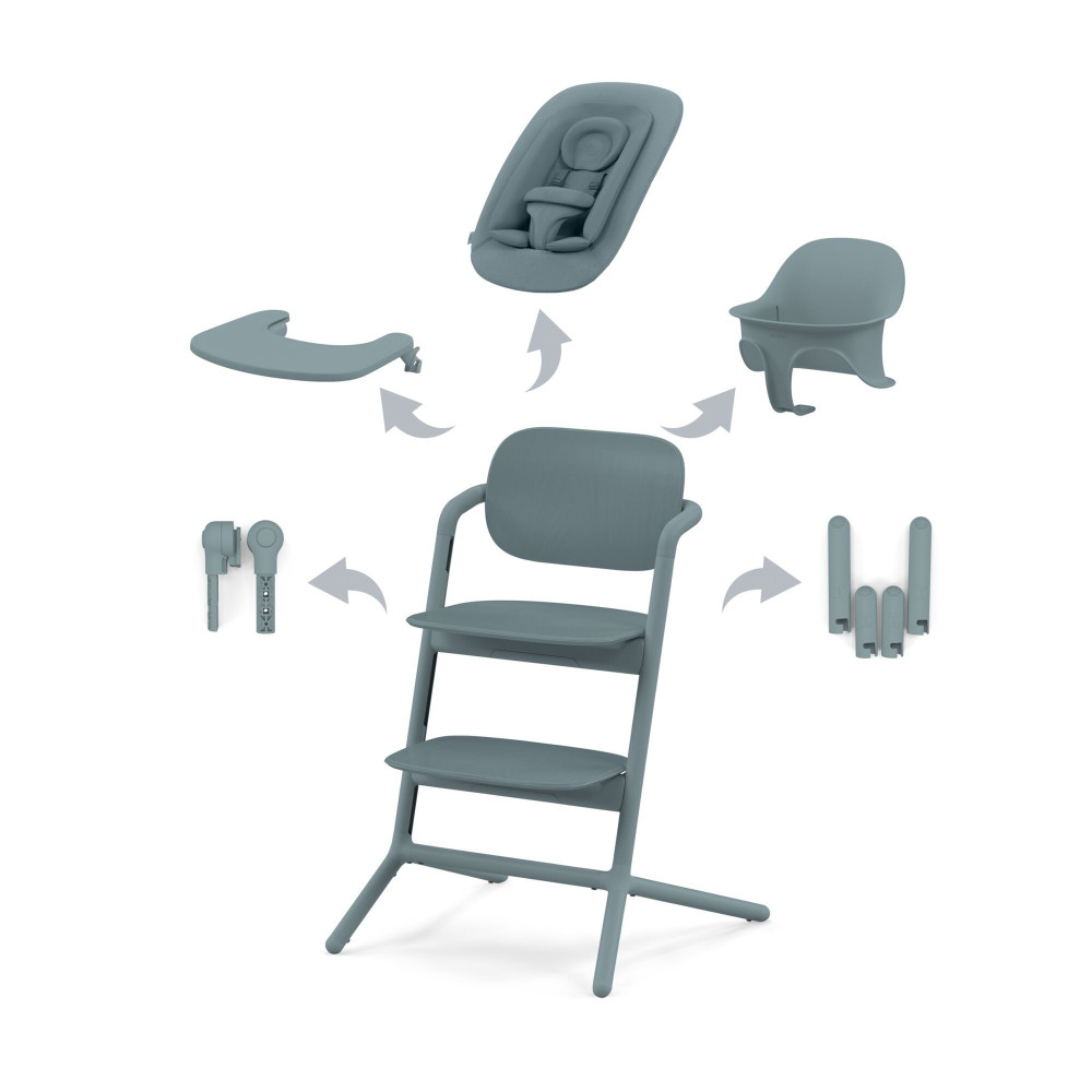 Cybex Lemo 4-in-1 - zestaw wysokiego krzesełka z Bouncerem, Baby Set i tacką, od urodzenia, regulacja jedną ręką bez narzędzi • Stone Blue