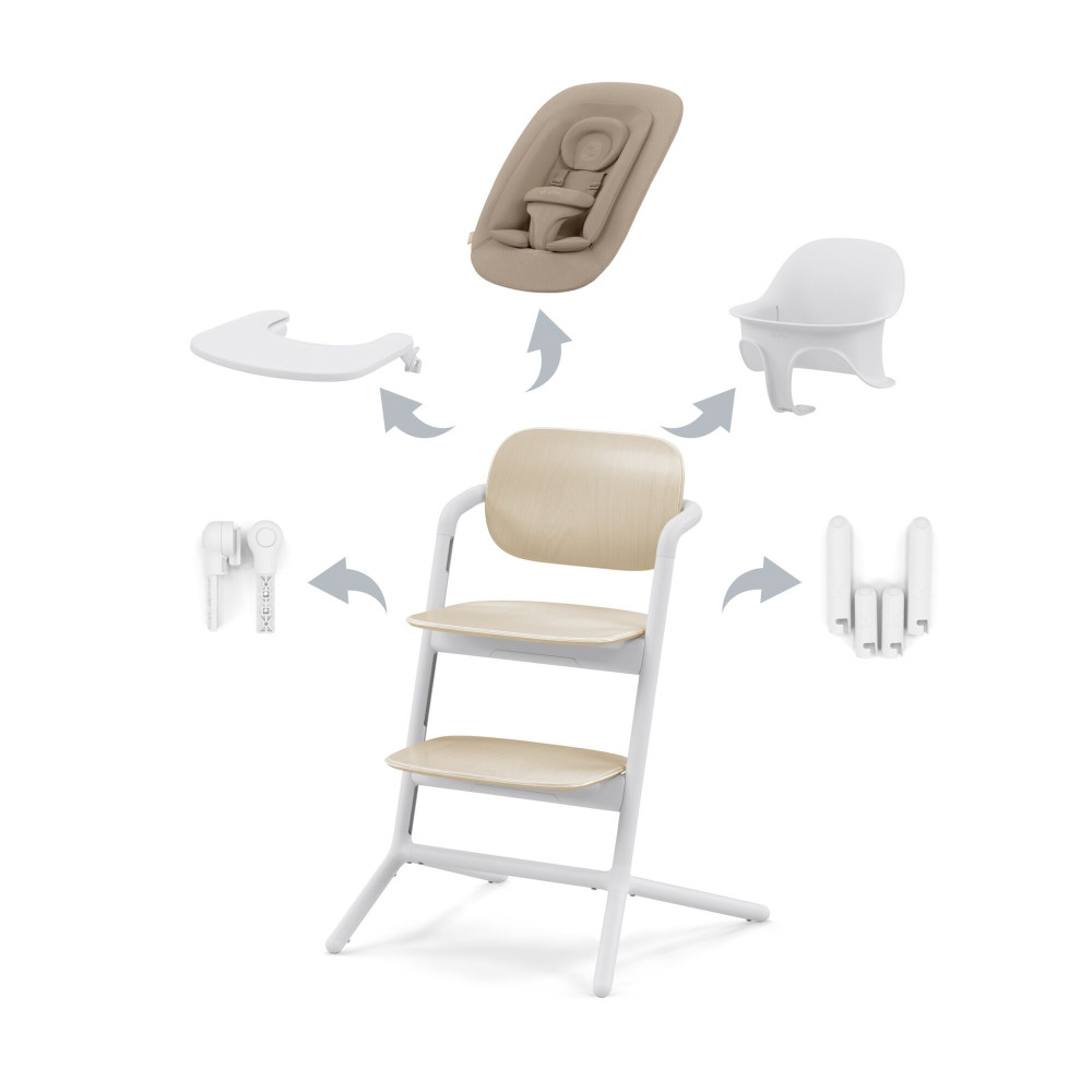 Cybex Lemo 4-in-1 - zestaw wysokiego krzesełka z Bouncerem, Baby Set i tacką, od urodzenia, regulacja jedną ręką bez narzędzi • Sand White