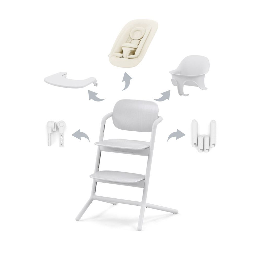 Cybex Lemo 4-in-1 - zestaw wysokiego krzesełka z Bouncerem, Baby Set i tacką, od urodzenia, regulacja jedną ręką bez narzędzi • All White