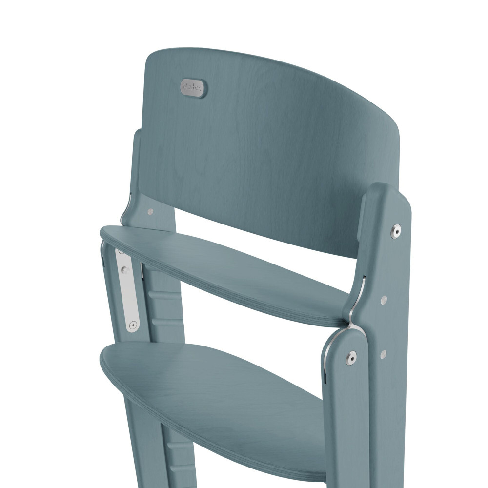 Cybex Click & Fold - składane wysokie krzesło z drewna bukowego, regulowane siedzisko i podnóżek, bez Baby Setu i tacki • Stone Blue