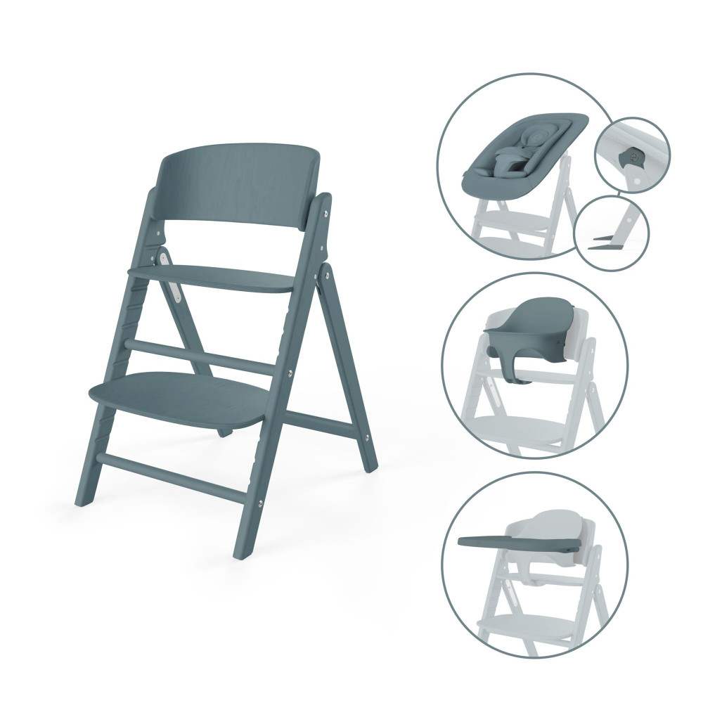 Cybex Click & Fold 4-in-1 - składane krzesełko z drewna bukowego z Baby Setem, tacką i bujaczkiem Gold Bouncer Nest, od urodzenia, zestaw 4 w 1 • Stone Blue
