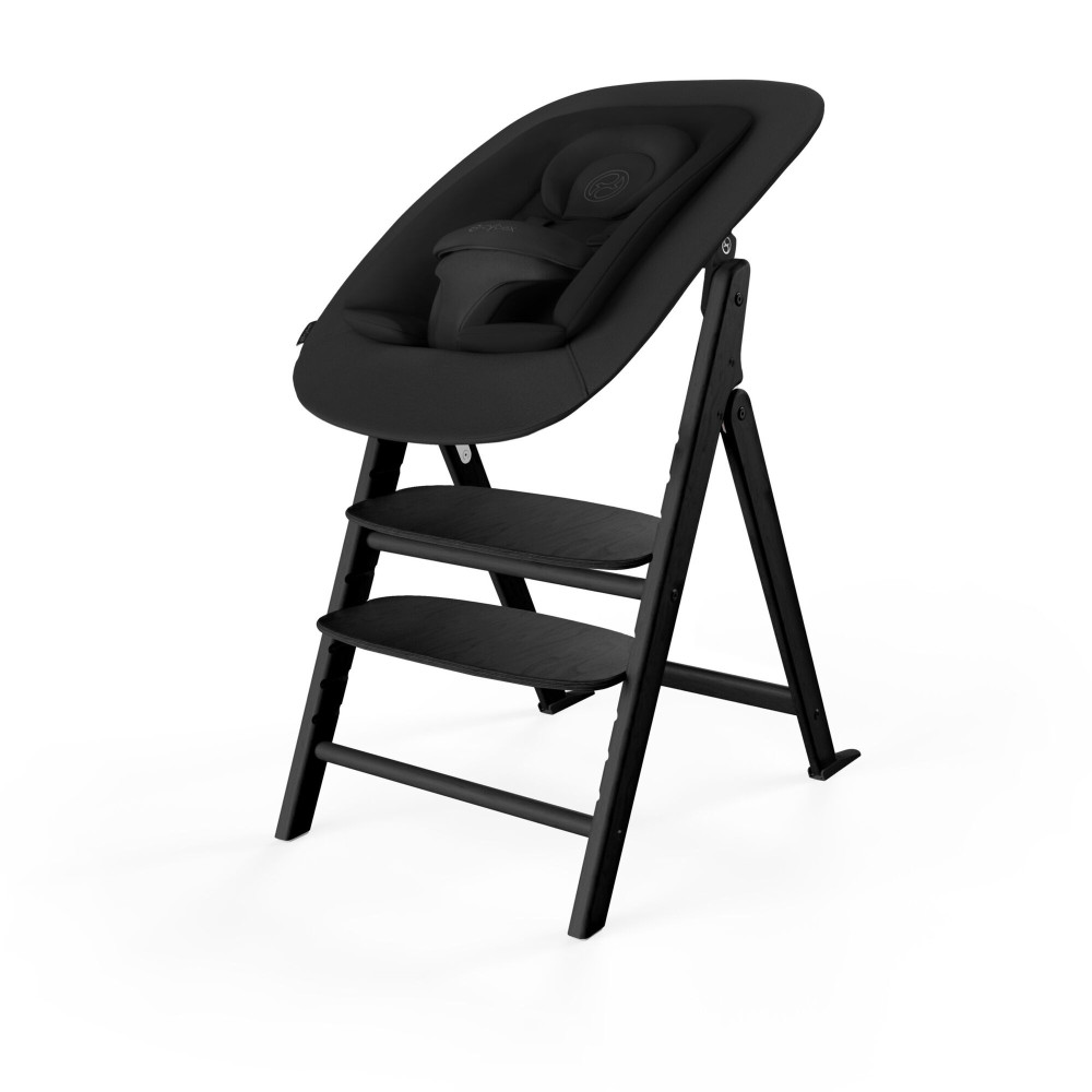 Cybex Click & Fold 4-in-1 - składane krzesełko z drewna bukowego z Baby Setem, tacką i bujaczkiem Gold Bouncer Nest, od urodzenia, zestaw 4 w 1 • Stunning Black
