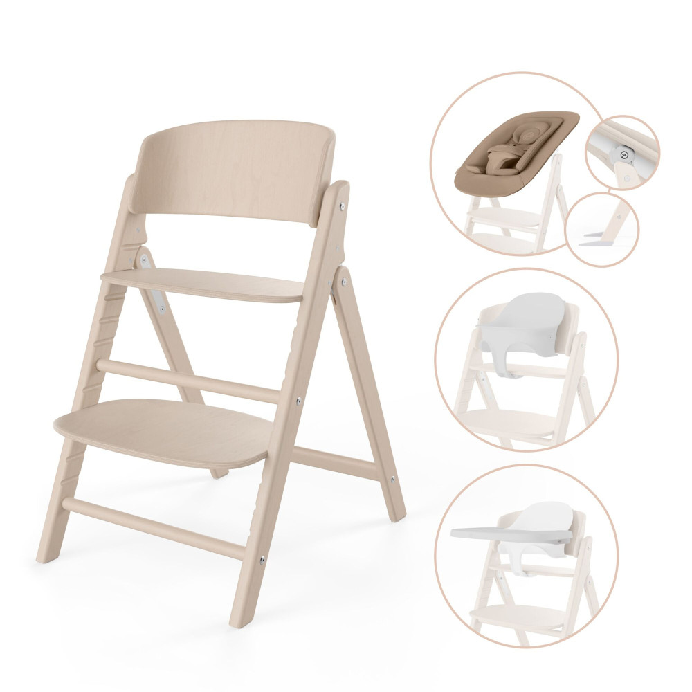 Cybex Click & Fold 4-in-1 - składane krzesełko z drewna bukowego z Baby Setem, tacką i bujaczkiem Gold Bouncer Nest, od urodzenia, zestaw 4 w 1 • All Natural Light
