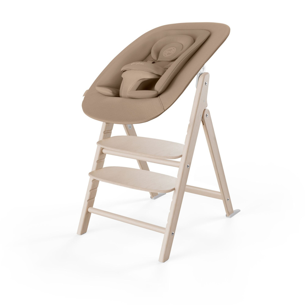 Cybex Click & Fold 4-in-1 - składane krzesełko z drewna bukowego z Baby Setem, tacką i bujaczkiem Gold Bouncer Nest, od urodzenia, zestaw 4 w 1 • All Natural Light