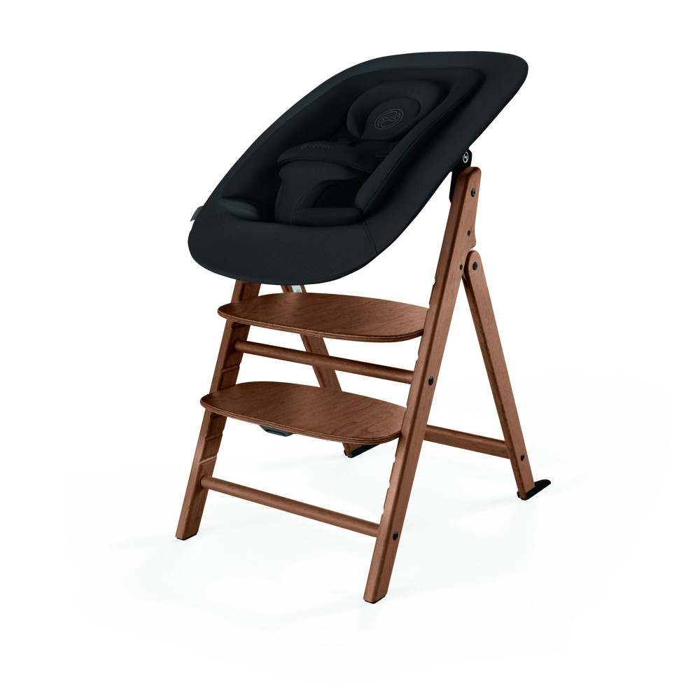 Cybex Click & Fold 4-in-1 - składane krzesełko z drewna bukowego z Baby Setem, tacką i bujaczkiem Gold Bouncer Nest, od urodzenia, zestaw 4 w 1 • All Natural Dark