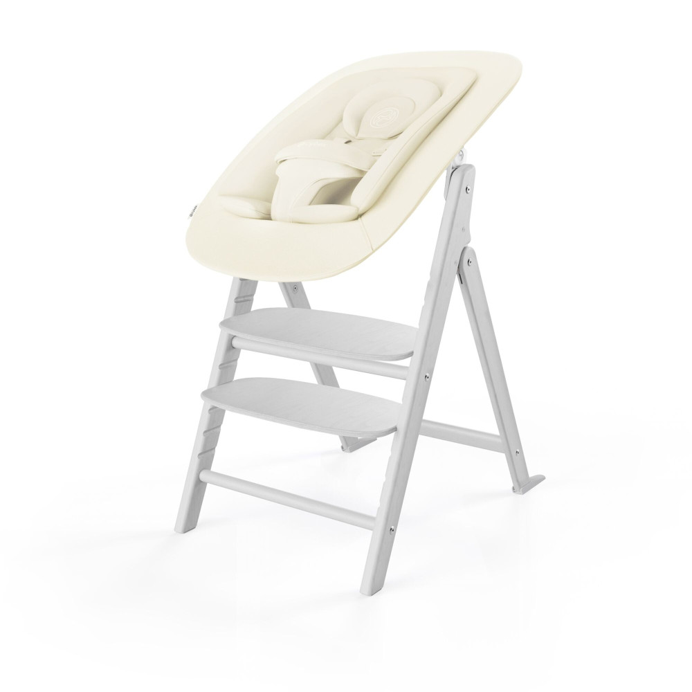 Cybex Click & Fold 4-in-1 - składane krzesełko z drewna bukowego z Baby Setem, tacką i bujaczkiem Gold Bouncer Nest, od urodzenia, zestaw 4 w 1 • All White