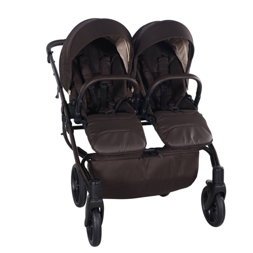 Junama Duo V4 - wózek bliźniaczy 2w1 dla bliźniąt i rodzeństwa rok po roku, tylko 78 cm szerokości, składane gondole • Chocolate