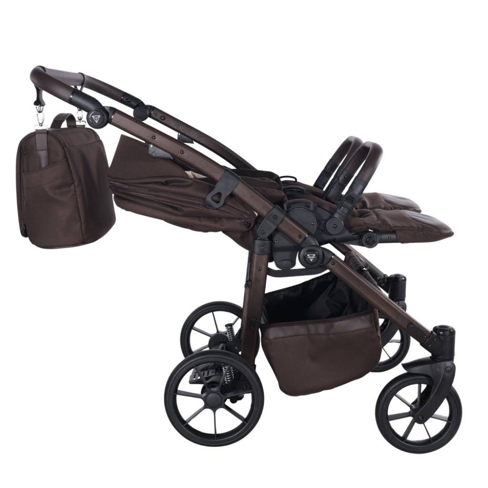 Junama Duo V4 - wózek bliźniaczy 2w1 dla bliźniąt i rodzeństwa rok po roku, tylko 78 cm szerokości, składane gondole • Chocolate