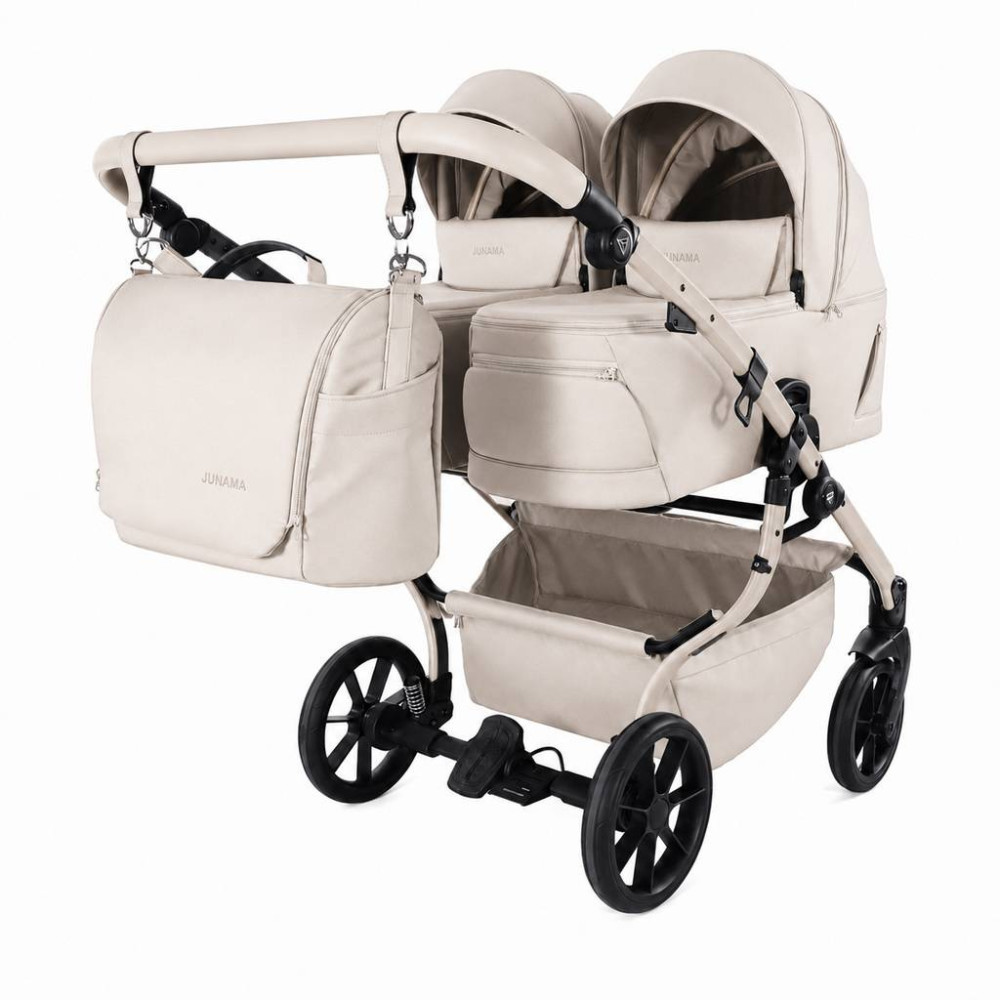 Junama Duo V4 - wózek bliźniaczy 2w1 dla bliźniąt i rodzeństwa rok po roku, tylko 78 cm szerokości, składane gondole • Beige