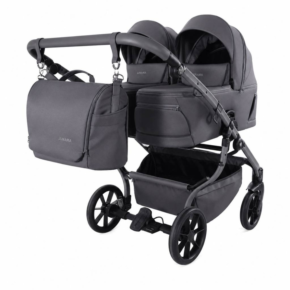 Junama Duo V4 - wózek bliźniaczy 2w1 dla bliźniąt i rodzeństwa rok po roku, tylko 78 cm szerokości, składane gondole • Grey