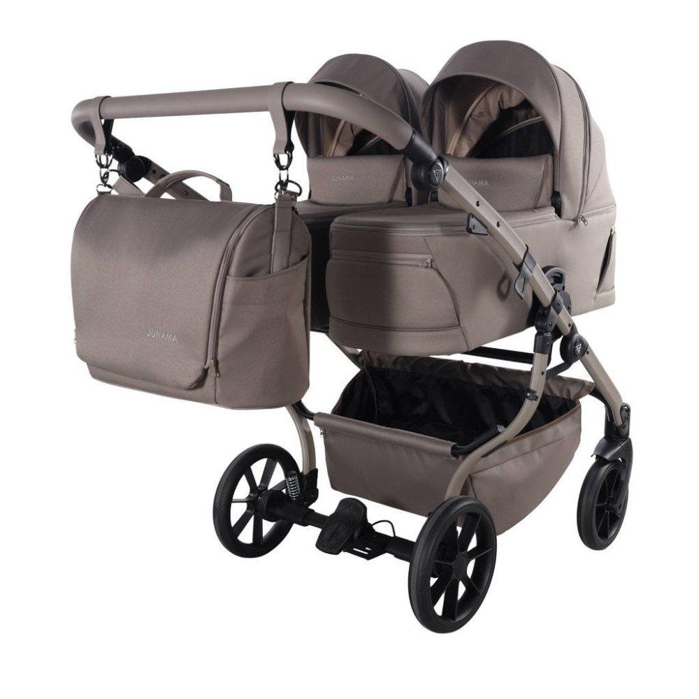 Junama Duo V4 - wózek bliźniaczy 2w1 dla bliźniąt i rodzeństwa rok po roku, tylko 78 cm szerokości, składane gondole • Taupe Cappuccino
