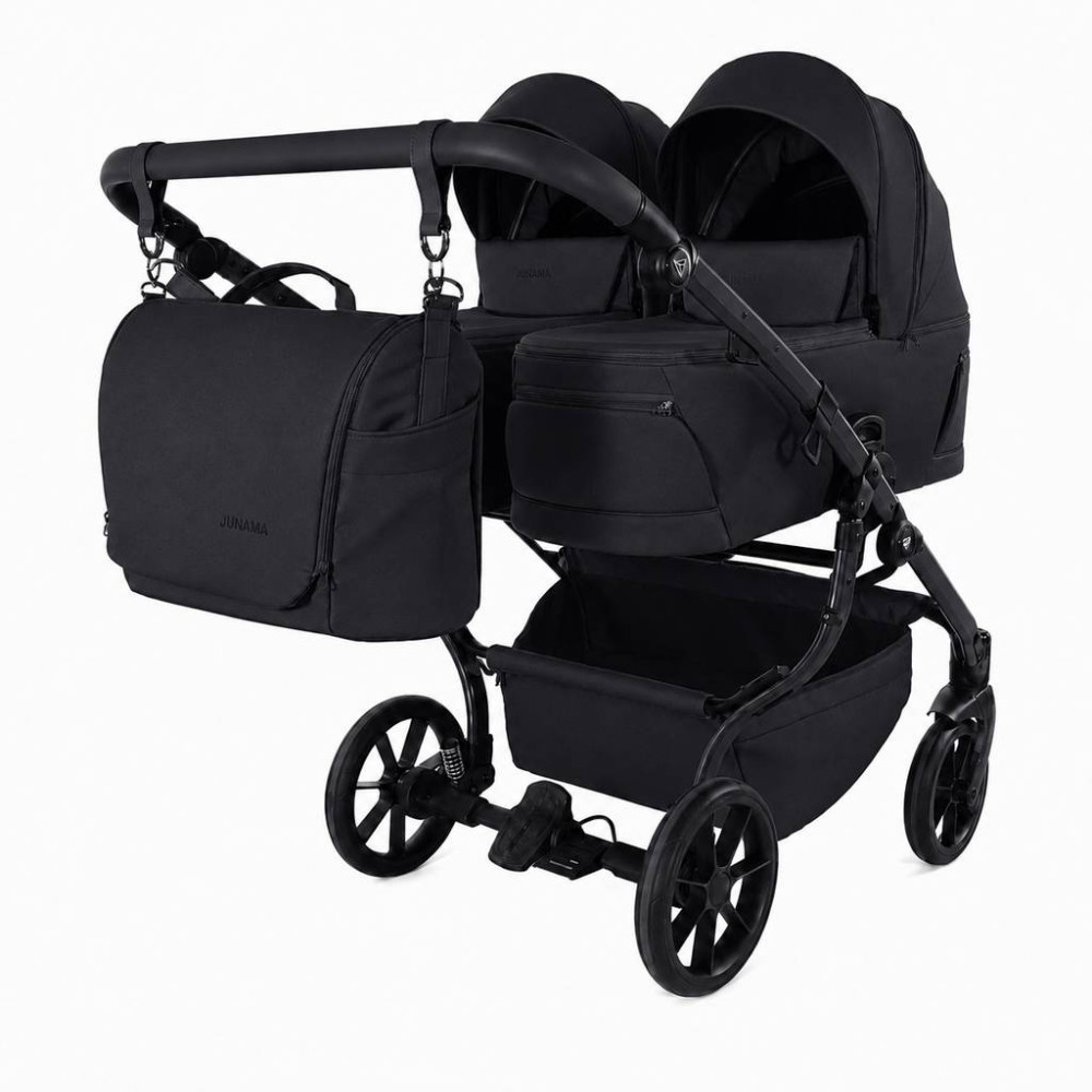 Junama Duo V4 - wózek bliźniaczy 2w1 dla bliźniąt i rodzeństwa rok po roku, tylko 78 cm szerokości, składane gondole • Black