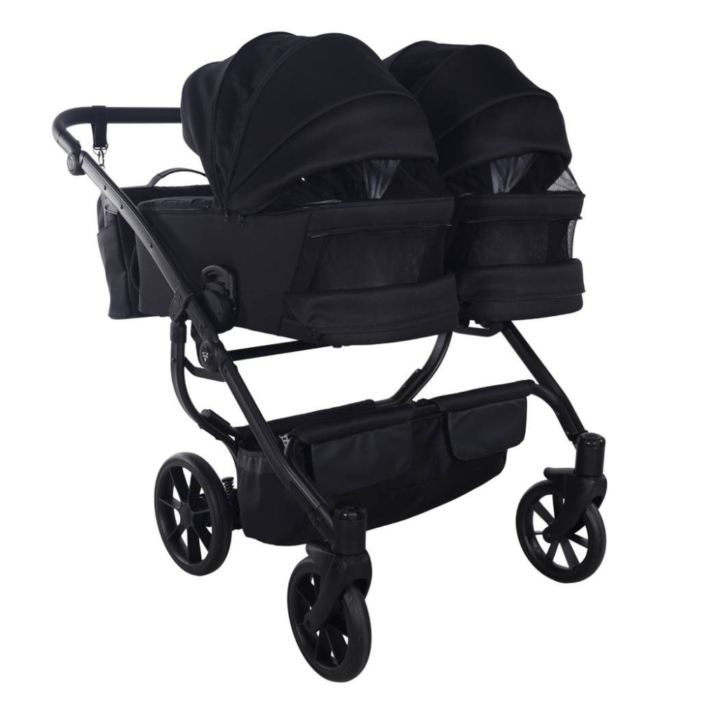 Junama Duo V4 - wózek bliźniaczy 2w1 dla bliźniąt i rodzeństwa rok po roku, tylko 78 cm szerokości, składane gondole • Black