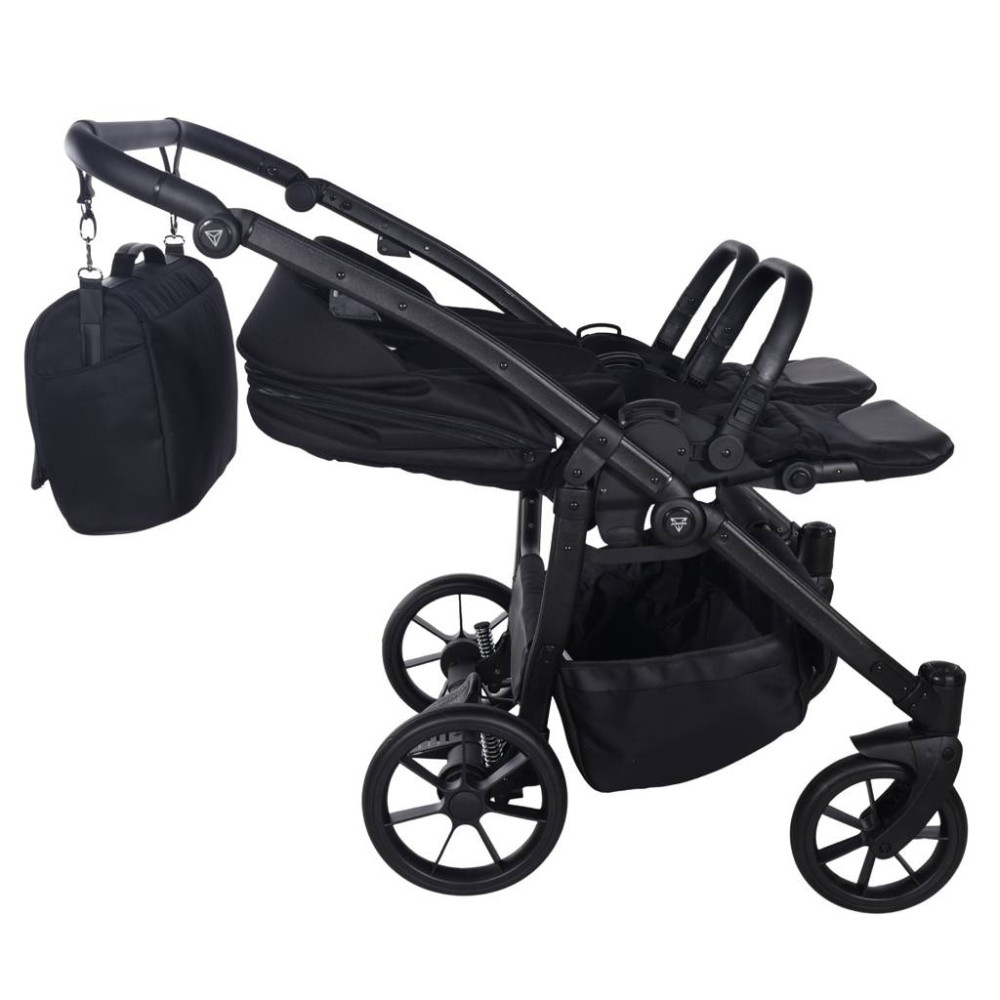 Junama Duo V4 - wózek bliźniaczy 2w1 dla bliźniąt i rodzeństwa rok po roku, tylko 78 cm szerokości, składane gondole • Black