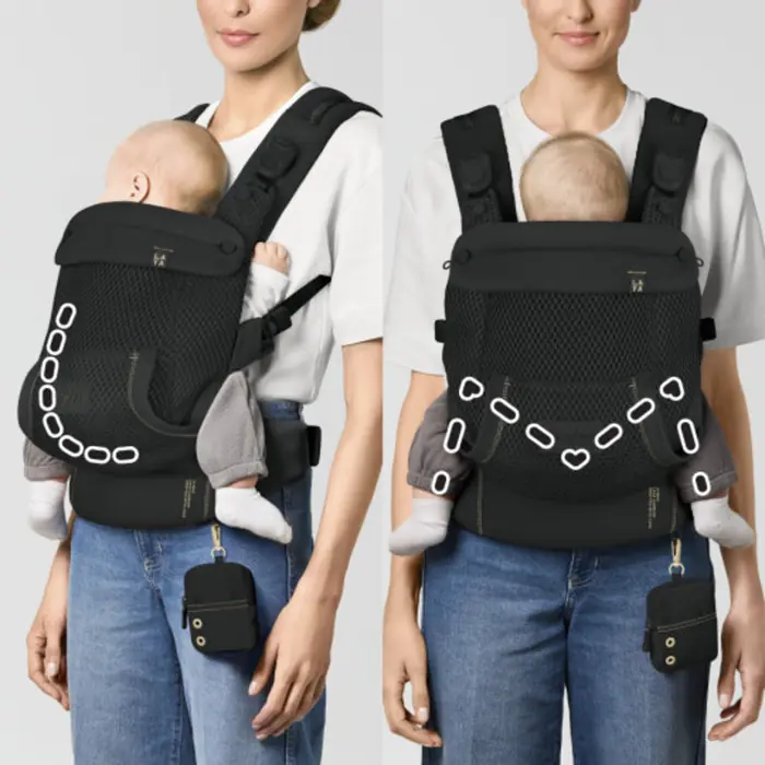Ergonomiczne podparcie i pas biodrowy, Cybex Laya - ergonomiczne nosidełko dla dzieci od urodzenia do ok. 3 lat, z kieszenią kangurka i odpinaną portmonetką, magnetyczne klamry • Almond Beige