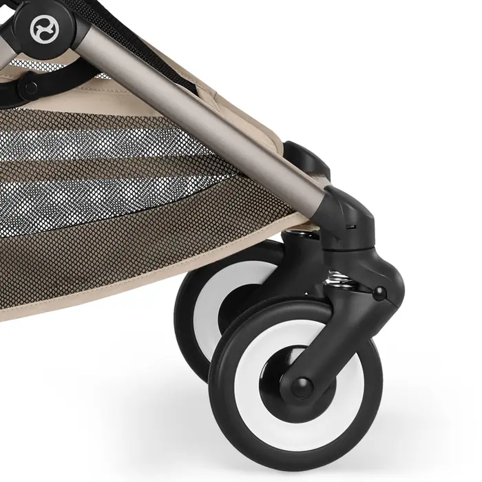 Amortyzacja przednich kół, Cybex Orfeo 2026 - kompaktowy wózek spacerowy do podróży, składany do rozmiaru bagażu podręcznego, od urodzenia • Almond Beige