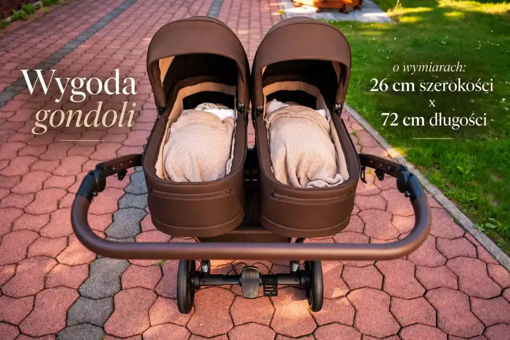 Wygodne gondole 72 x 26 cm, Junama Duo V4 - wózek bliźniaczy 2w1 dla bliźniąt i rodzeństwa rok po roku, tylko 78 cm szerokości, składane gondole • Chocolate