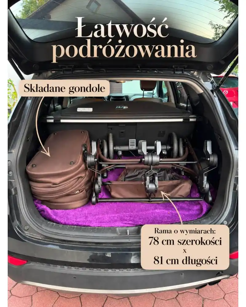 Składane gondole w podróży, Junama Duo V4 - wózek bliźniaczy 2w1 dla bliźniąt i rodzeństwa rok po roku, tylko 78 cm szerokości, składane gondole • Chocolate