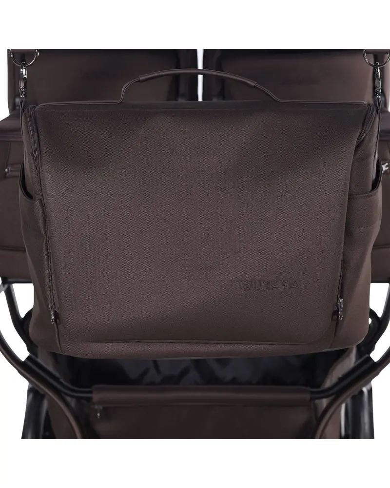 Torba dla mamy w zestawie, Junama Duo V4 - wózek bliźniaczy 2w1 dla bliźniąt i rodzeństwa rok po roku, tylko 78 cm szerokości, składane gondole • Chocolate