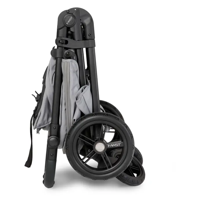 Płaskie składanie, Mast M4x Plus - terenowy wózek spacerowy z kołami High Performance, amortyzacja czterech kół, rączka z wegańskiej skóry • Dark Grey