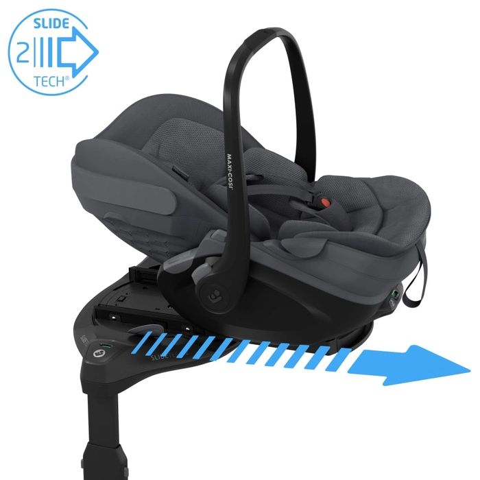 Wysuwanie o 27 cm dzięki SLIDETECH 2, Maxi Cosi Pebble Slide Pro z bazą FamilyFix Slide Pro Moon Graphite
